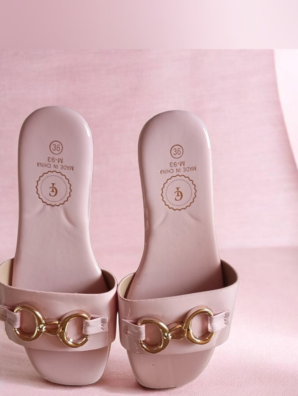 Women’s Blush Pink Slide Mules with Gold Chain Accent